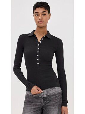 Rag & Bone size Small Essential Black Ribbed Long-Sleeve Button-Front Polo Top